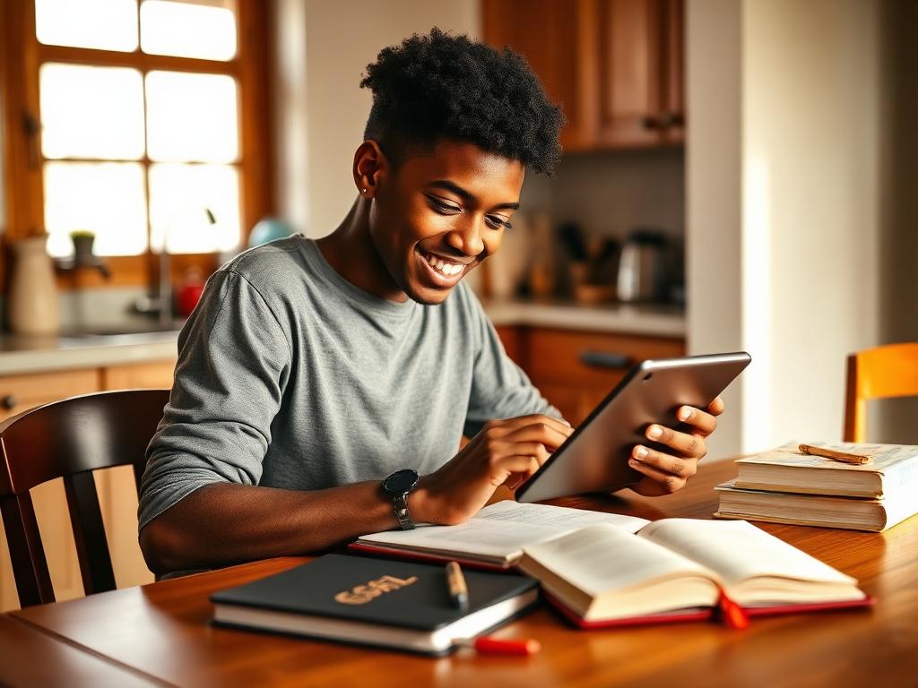 South African learner studying on a phone and tablet at home